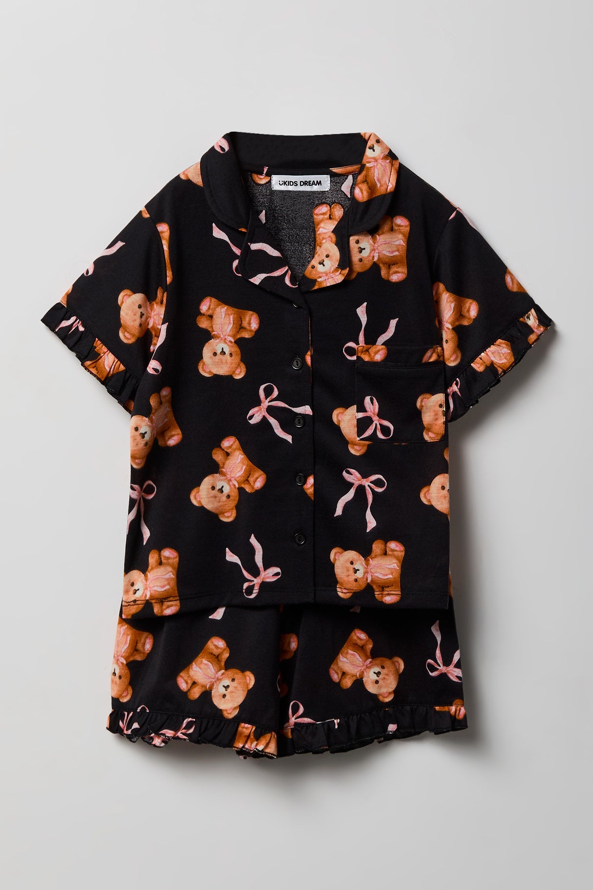 Girls Ruffle Button-Up Top & Short Pajama Set