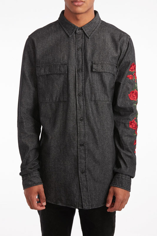 Guys Denim Long Sleeve Floral Embroidery Shirt
