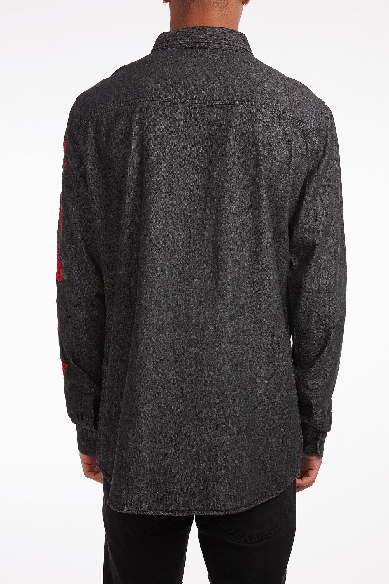 Guys Denim Long Sleeve Floral Embroidery Shirt
