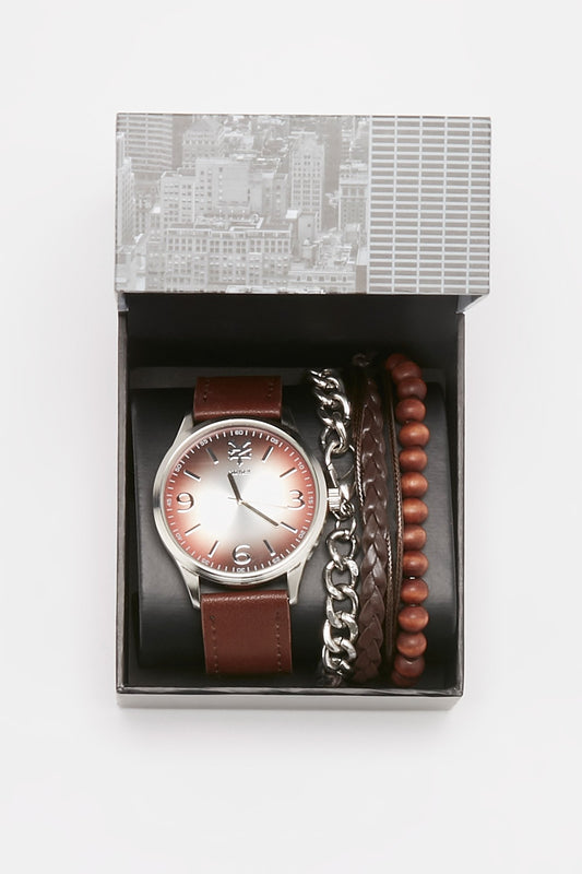 Zoo York Guys Brown Leather Watch and 3-Bracelet Set