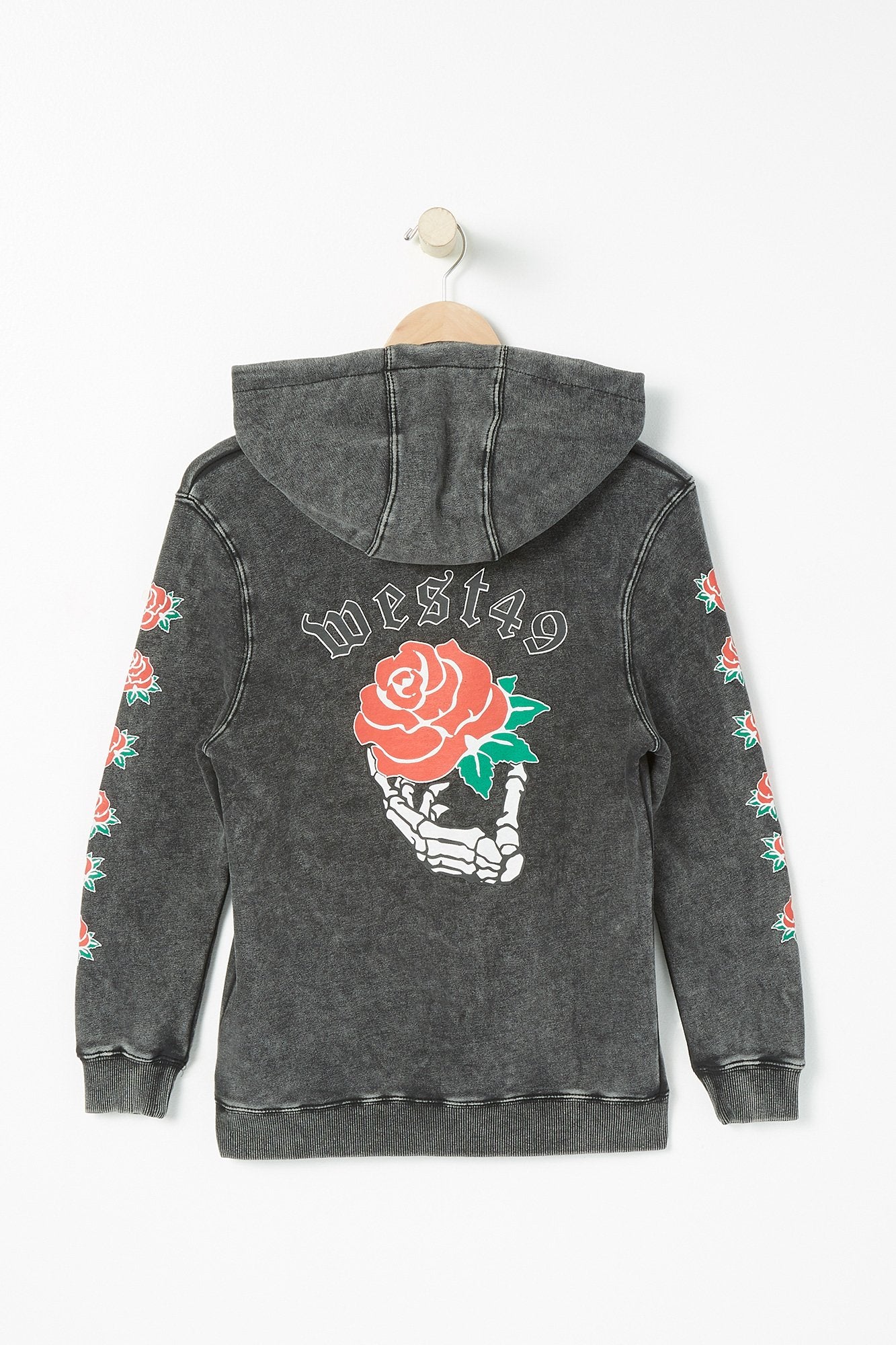 West49 Youth Skeleton Hand & Roses Acid Wash Popover Hoodie